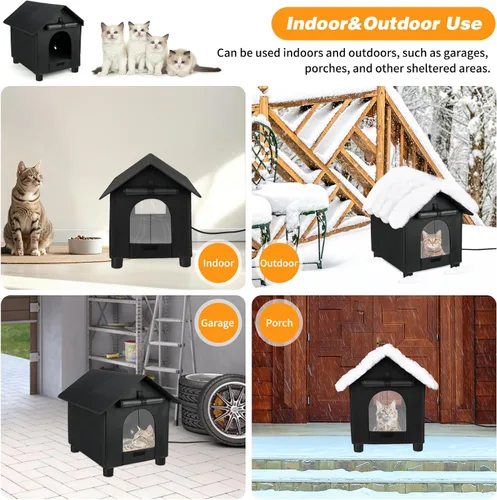 Vista 3 de Casas térmicas para gatos en invierno, impermeables, casa para gatos con calefacción elevada, aislada, exterior, refugio con puerta de escape