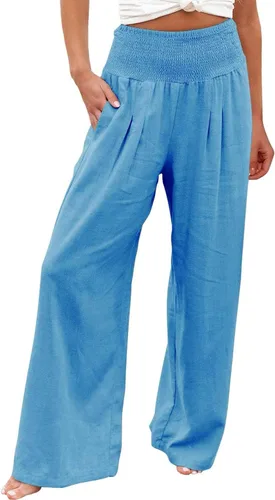 Vista 42 de SHAOBGE Pantalones palazzo de verano para mujer, cintura alta, pierna ancha, casual, cintura elástica, pantalones de playa con bolsillos