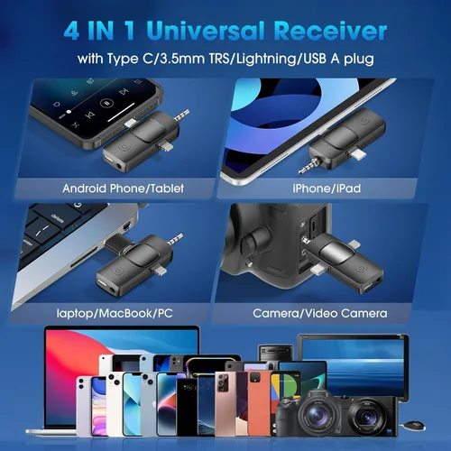 Vista 2 de NICHOM Micrófono inalámbrico lavalier 3 en 1 para iPhone/iPad/Android/PC/Cámara, micrófono mini con reducción de ruido, micrófono mini para video