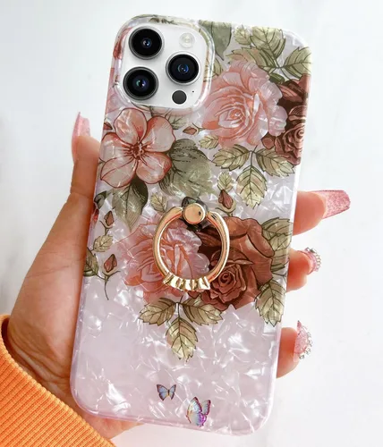 Vista 3 de Qokey Funda compatible con iPhone 14 Pro Max de 6.7 pulgadas, versión 2022, bonito diseño de flores transparentes con soporte de anillo giratorio