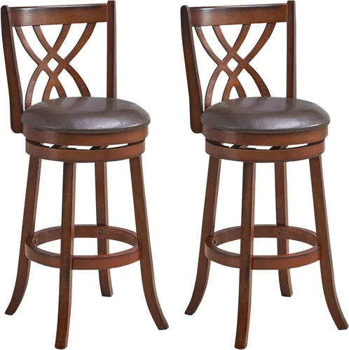 Vista 10 de COSTWAY Juego de 2 taburetes de bar, sillas giratorias de 360° con marco de madera de goma, asiento acolchado de piel sintética de 24 pulgadas
