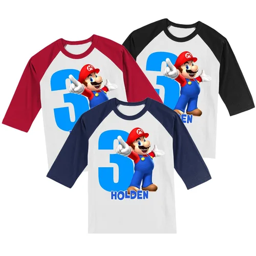 Vista 4 de Personalized Mario Super Birthday Shirt Handmade Decorated Shirt Personalized with Name and Age Unisex 3/4 Sleeve Raglan T-Shirt