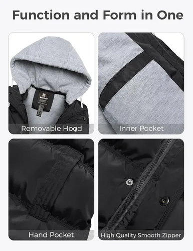 Vista 3 de Wantdo Chaleco grueso de invierno para hombre, resistente al agua, chaqueta acolchada con capucha extraíble