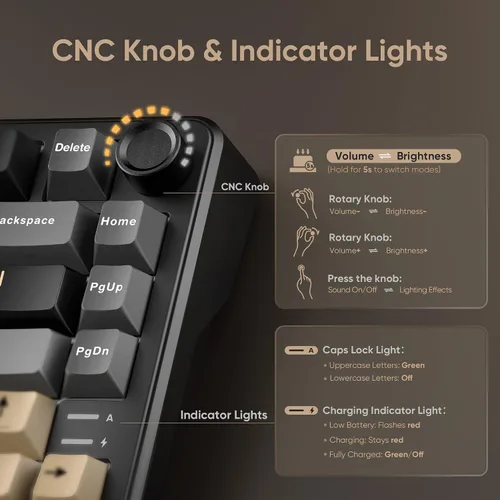 Vista 3 de RedThunder Teclado Mecánico Inalámbrico K75, Perilla CNC, Tri-Modo BT5.0/2.4GHz/USB-C Intercambiable en Caliente Personalizable, Interruptores