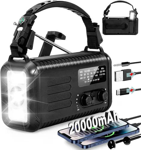 Vista 8 de Radio de emergencia NOAA de alerta meteorológica con energía solar y manivela de mano USB-C carga portátil radio AM/FM 3W, lámpara de lectura