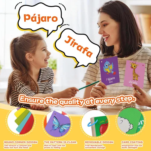 Vista 4 de Tarjetas didácticas de aprendizaje de español para niños pequeños, 60 tarjetas bilingües de doble cara para números, colores, formas, palabras