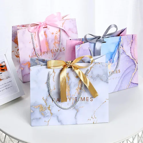 Vista 5 de JMANNI Bolsas de regalo, 3 piezas de tamaño mediano con cinta de lazo, bolsa de regalo de papel portátil, patrón de mármol, para cualquier ocasión