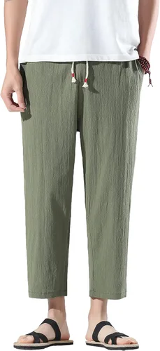 Vista 2 de PRIJOUHE Pantalones harén para hombre, casuales, ligeros, holgados, pantalones capri de lino con cintura elástica