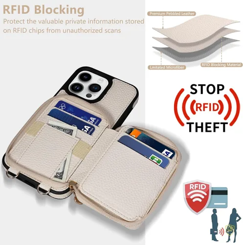 Vista 3 de Funda compatible con iPhone 15 Pro Max de 6.7 pulgadas, cremallera cruzada con ranuras para tarjetas de bloqueo RFID, soporte, cordón y correa