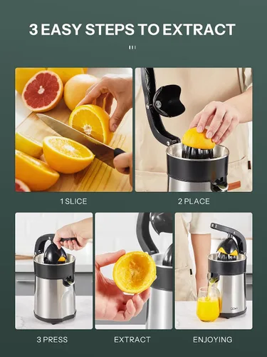 Vista 5 de Exprimidor eléctrico profesional de cítricos de acero inoxidable cepillado, 2 conos intercambiables para naranja, limón y pomelo, fácil de limpiar