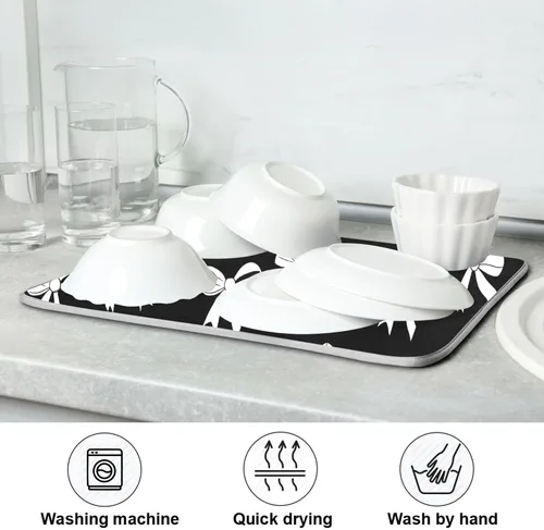 Vista 7 de Tapete de secado de platos Wamika con lazo negro para encimera de cocina 16x18, lazo de moño coqueto, tapete rectangular pequeño de secado