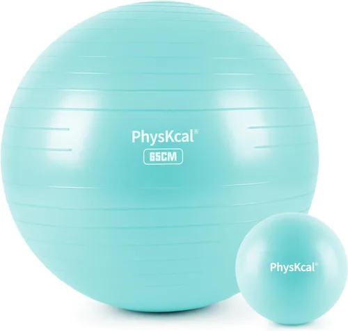 Vista 13 de PhysKcal Pelota de yoga para ejercicio, set de pilates, pelota de fitness de 4 tamaños para entrenamiento, parto, embarazo, terapia física - Bomba