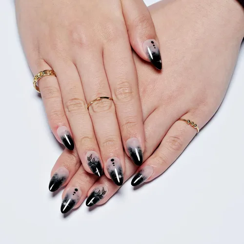 Vista 3 de GLAMERMAID Uñas postizas a presión con forma de almendra mediana, uñas de gel con punta francesa estilo gótico negro ombré, uñas postizas acrílicas