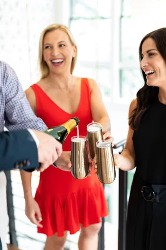 Vista 7 de Vinglacé Enfriador de botellas de champán, enfriador de vino espumoso portátil de acero inoxidable con 2 copas de champán sin tallo, cobre