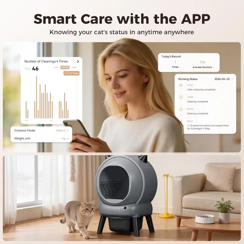 Vista 4 de Caja de arena automática autolimpiante, inodoro robot de gran capacidad para hogares con varios gatos, sensores de seguridad integrados, control