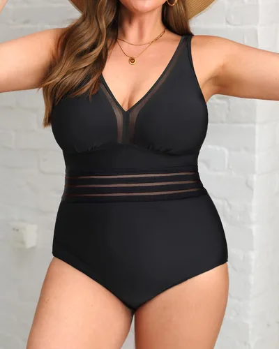 Vista 4 de Daci - Trajes de baño de una pieza para mujer talla extra grande, sexy con huecos, traje de baño con cuello en V Un negro