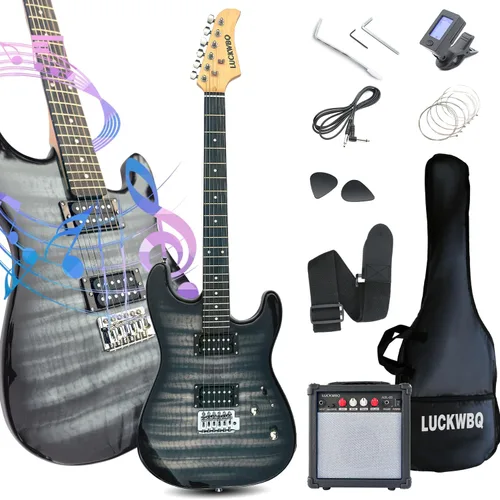 Vista 6 de Kit de inicio de guitarra eléctrica estilo ST de tamaño completo de 39 pulgadas con pastilla HH, amplificador portátil de 20 W, afinador, bolsa