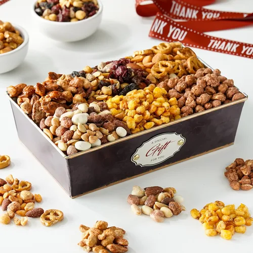 Vista 6 de Broadway Basketeers Cesta de regalo con texto en inglés "Thank You Nuts", surtido de 6 frutos secos gourmet variados, mezclas de frutos secos, caja