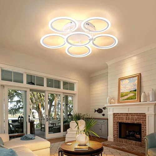 Vista 8 de Lámpara de techo LED, lámpara de techo moderna de 6 anillos, 77 W regulable 3000K a 6500K, luz de techo blanca con control remoto para sala