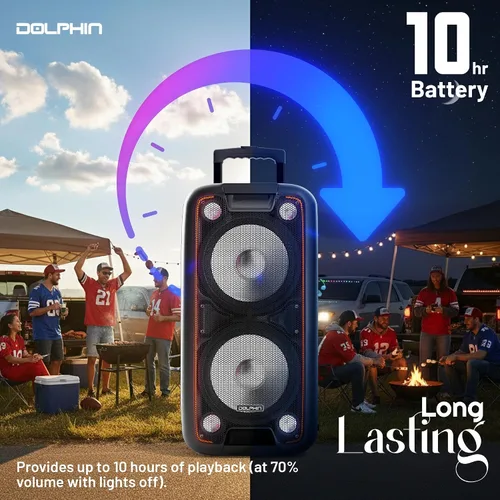 Vista 2 de Dolphin Altavoz Bluetooth dual de 10 pulgadas para fiestas, altavoz grande de 1000 W con 2 micrófonos inalámbricos, graves potentes, luces LED