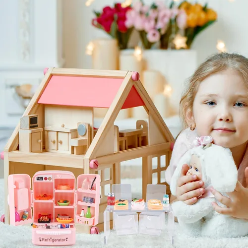 Vista 7 de 95 piezas de refrigerador de casa de muñecas en miniatura, mini nevera, mesa, coche de comedor, juguete con juego de comida, muebles de cocina