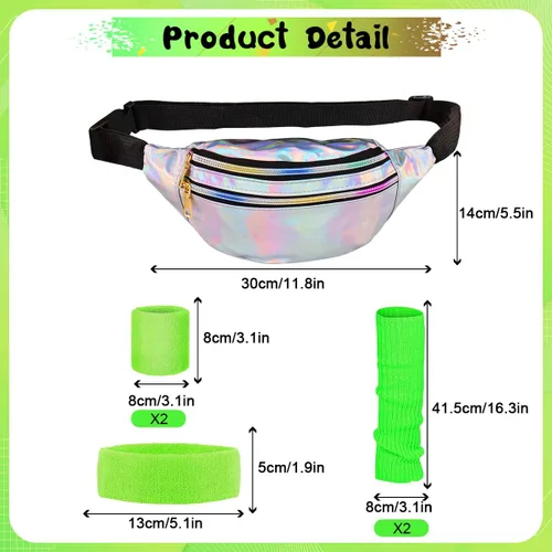 Vista 2 de WILDPARTY 80s Costume Accessories for Women with Waist Bag Headband Wristbands Leg Warmers for Party