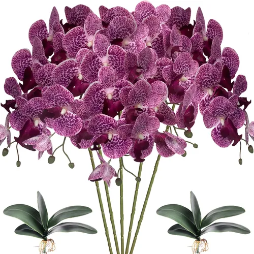 Vista 10 de HinyoCo 5 piezas de orquídeas artificiales y 2 paquetes de hojas, flores artificiales de Phalaenopsis de 32 pulgadas para decoración del hogar