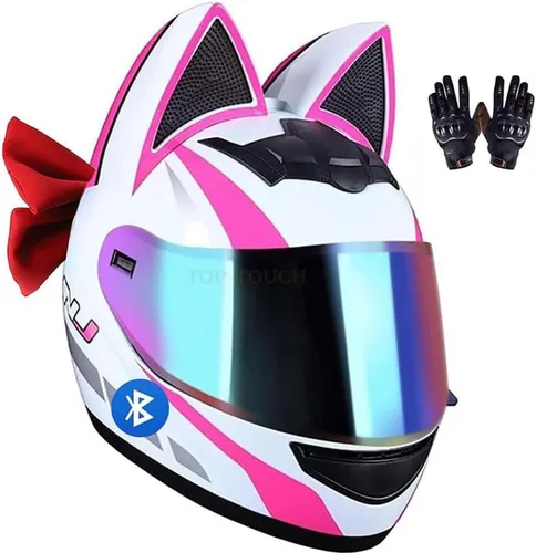 Vista 7 de Casco de motocicleta con orejas de gato con Bluetooth de cara completa, para hombres y mujeres, lindo casco modular con visera abatible, para Blanco