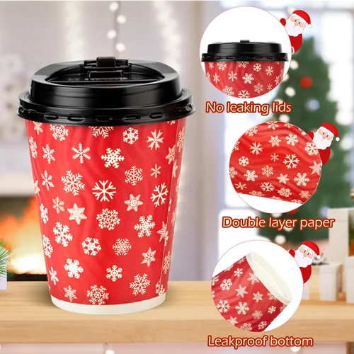 Vista 3 de Maxcheck 100 tazas de Navidad con tapa, taza de café desechables de 12 onzas a granel, papel de pared ondulado aislado para decoración de fiestas