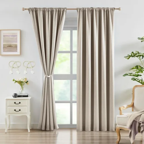 Vista 11 de Bujasso Cortinas de jacquard negras con bolsillo para barra, pestaña trasera y lazos de lujo, cortinas aisladas térmicamente para oscurecer