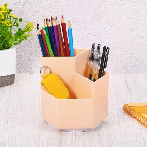 Vista 5 de PATIKIL Portalápices de plástico, 3 ranuras, rotación de 360 grados, cepillo de maquillaje, organizador de escritorio, taza para oficina y hogar