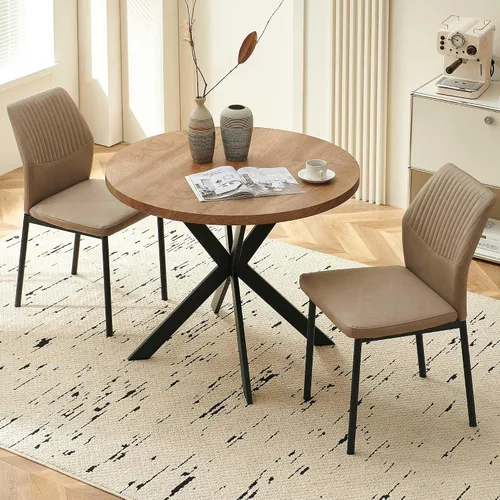 Vista 39 de Juego de mesa de comedor para 4, mesa de comedor rectangular irregular de madera moderna, sillas de comedor de cuero, 4 mesas y sillas, juego de 4