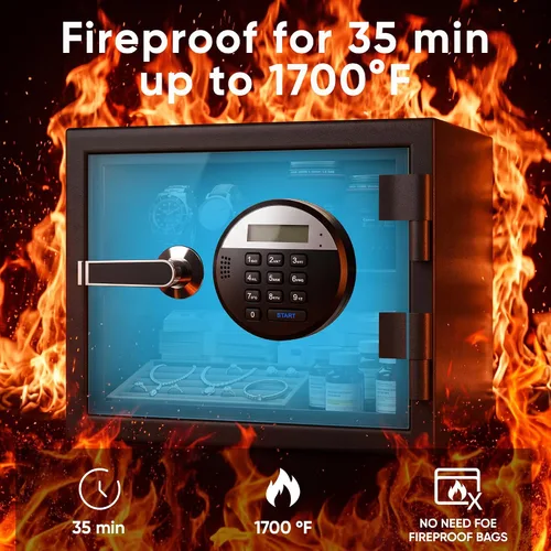 Vista 2 de Caja de seguridad ignífuga de 1.2 pies cúbicos, caja fuerte ignífuga para el hogar, para dinero, joyas, documentos y objetos de valor con teclado