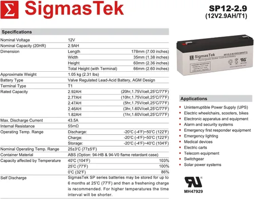 Vista 3 de SigmasTek Batería SLA compatible con PS-1229-F1, PM1229, RB1229, CP12-2.6, 12V 2.9Ah F1 SP12-2.9 (T1)