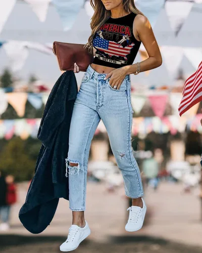 Vista 5 de Eciodci Camiseta corta con la bandera estadounidense para mujer, patriótica del 4 de julio, suave, de verano, sin mangas, con bandera de Estados