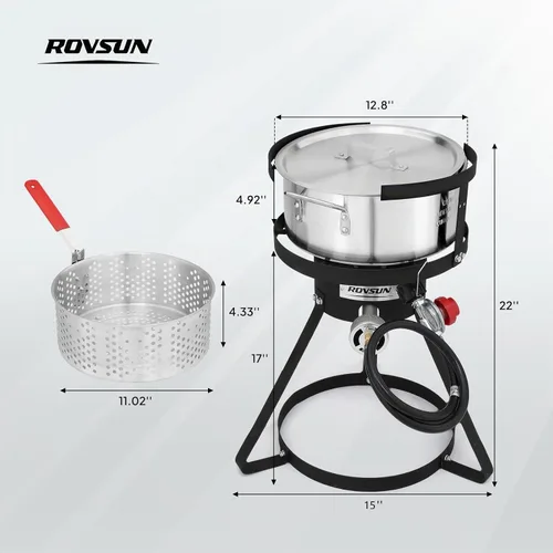 Vista 6 de ROVSUN olla para freidora de 10 cuartos con quemador de propano de 55,000 BTU, cesta colador de 6.7 cuartos, termómetro y tapa, olla de aluminio