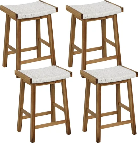 Vista 9 de COSTWAY Juego de 2 taburetes de comedor de 25.5 pulgadas de altura de mostrador con asiento tejido de algas marinas, madera de goma, marco de madera