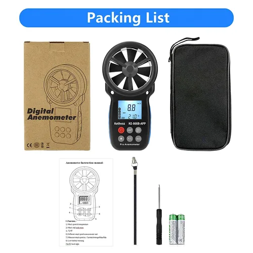 Vista 7 de Anemómetro digital Bluetooth, medidor de velocidad de viento de mano Kethvoz con registrador de datos, velocidad de flujo de aire de 0.3 ~ 98.4 ft/s