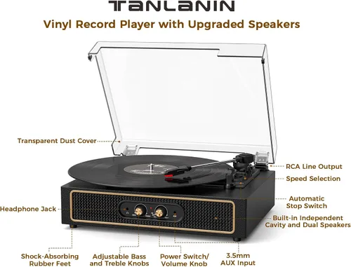 Vista 6 de Tocadiscos retro Bluetooth con altavoces integrados, tocadiscos de 3 velocidades por correa, control de graves y agudos, reproductor de vinilo Negro