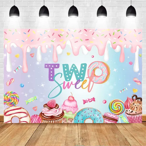 Vista 2 de Mocsicka Donut Two Sweet - Telón de fondo para decoración de segundo cumpleaños de niña, 2º cumpleaños, edad de dos dulces con purpurina, postre