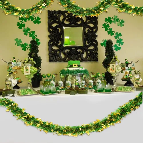 Vista 7 de Guirnalda de oropel de trébol del día de San Patricio de 39.4 pies, 6 unidades, color verde dorado metálico para fiesta irlandesa, hogar, exterior