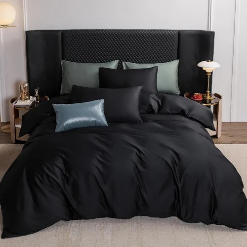 Vista 5 de MooMee Juego de funda de edredón 100% algodón de fibra extra larga de 600 hilos, satén sedoso, suave, transpirable, duradero, ropa de cama de Negro