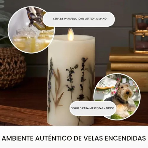 Vista 4 de Luminara Vela de pilar de llama artificial realista con inclusión de lavanda y romero - Luces LED de llama móvil a pilas - Listo para control remoto