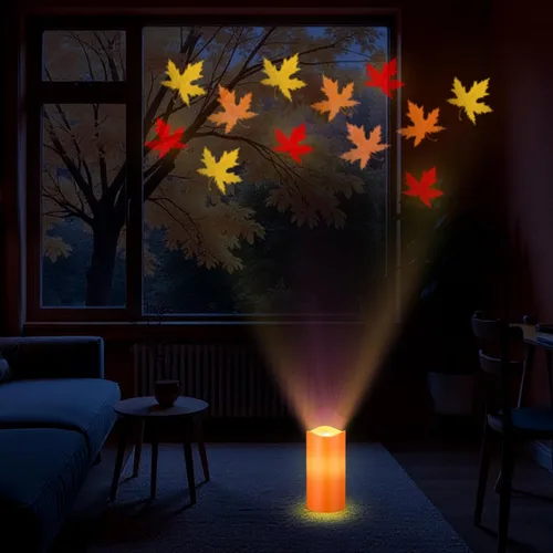 Vista 6 de Baquler Velas sin Llama con Proyector de Hojas de Arce Otoñales, Luces LED de Acción de Gracias, Luz Nocturna de Otoño con Control Remoto