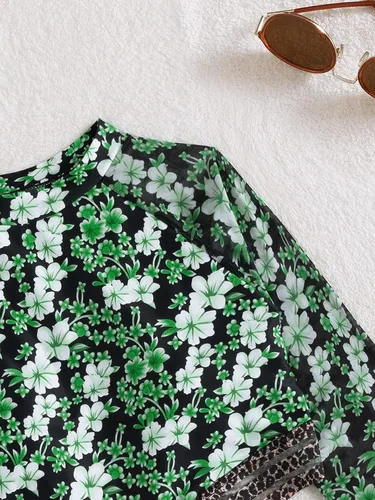 Vista 3 de WDIRARA Traje de baño de una pieza con estampado floral y manga larga con control de abdomen para mujer