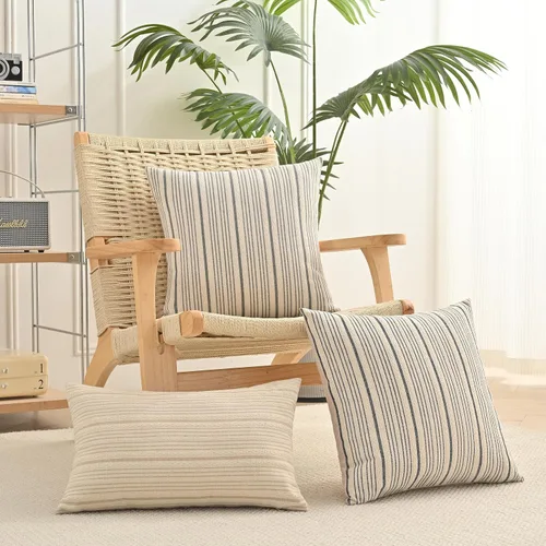 Vista 6 de Fundas de almohada negras de lino para granja, fundas de almohada decorativas a rayas para exteriores, fundas de almohada cuadradas para sofá, cama