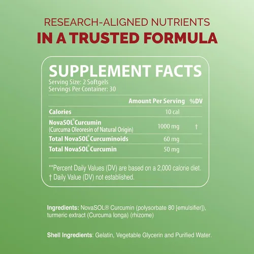 Vista 2 de NutriCumin NovaSOL Curcumina de cúrcuma 1000 mg – 185× Absorción – Apoya la comodidad y movilidad de las articulaciones – Cápsulas blandas sin OMG