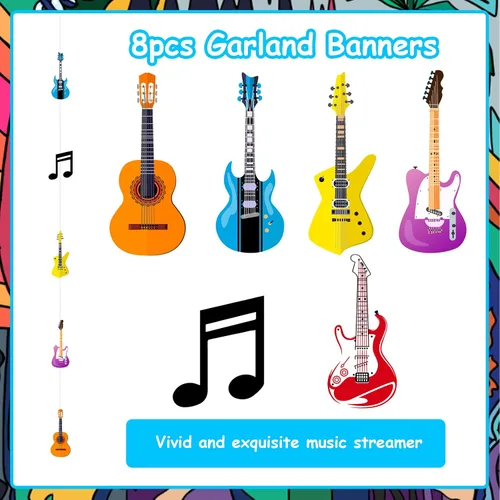 Vista 5 de 8 piezas de decoración de serpentinas con temática musical, notas musicales de rock and roll, guirnalda de guitarra, pancartas para colgar
