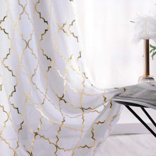 Vista 10 de YJ YANJUN Cortinas traslúcidas de 63 pulgadas de largo, cortinas de gasa metálicas doradas y blancas para dormitorio, diseño moderno marroquí