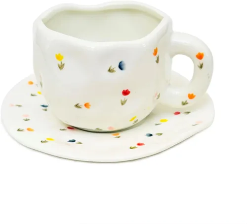 Vista 14 de Noviko Taza de Cerámica a Cuadros Juego de Taza de Té y Platillo de 10 onzas